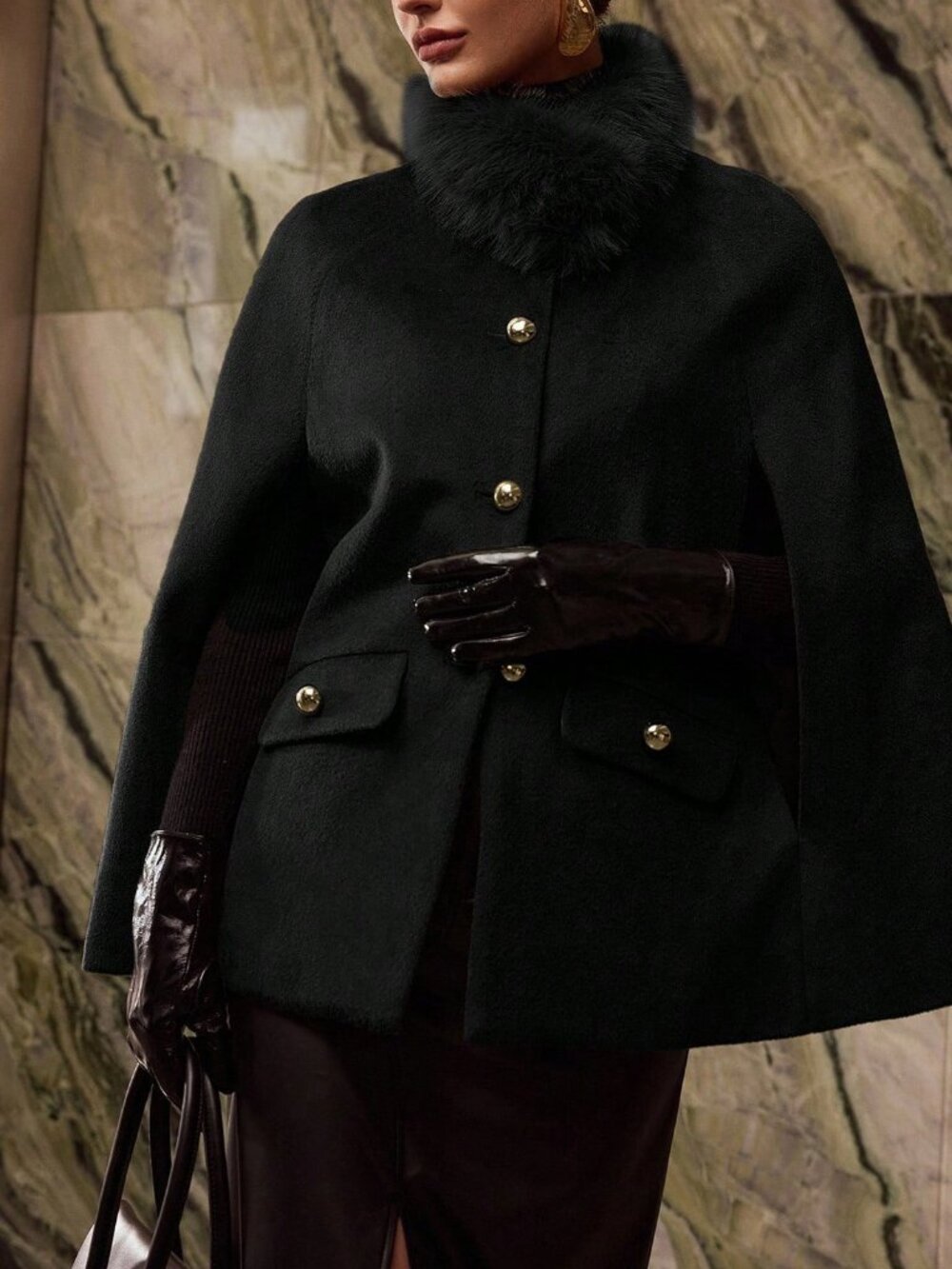 Black Elegant Women's Fuzzy Collar Cape Overcoat
